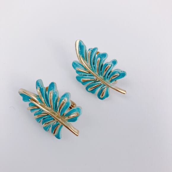 VTG Signed Coro Blue Enamel Gold Tone Leaf Clip-On Earrings 1950s 1960s Jewelry - Picture 5 of 8